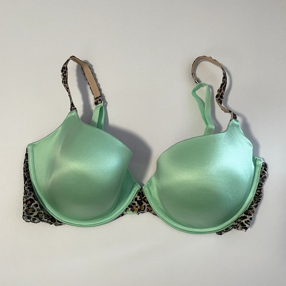 Victoria's Secret PINK Bra 36D Green Brown Animal Print Lightly Lined Underwear